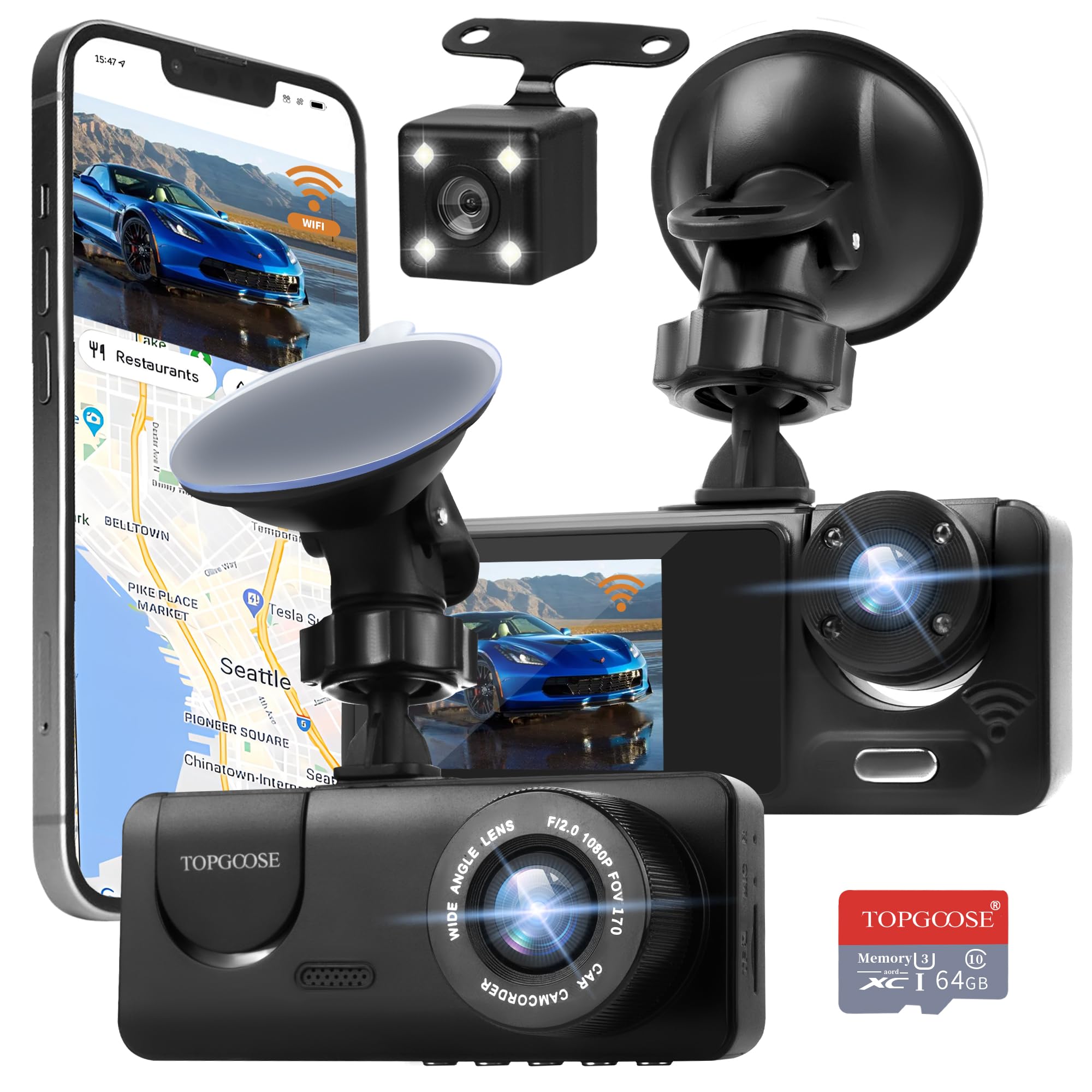 3 Channel Dash Cam Wifi Fhd 1080P Car Camera 64Gb Tf Card,Topgoose Front Dash Camera Front And Rear Inside For Cars,Mini Dashcam